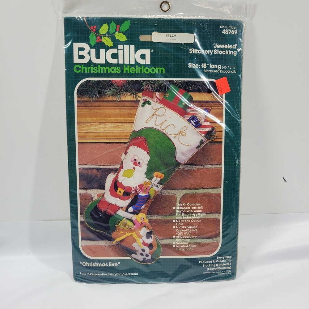 Vintage 80s Bucilla Christmas Heirloom Santa Stocking Kit 48769 Christmas Eve